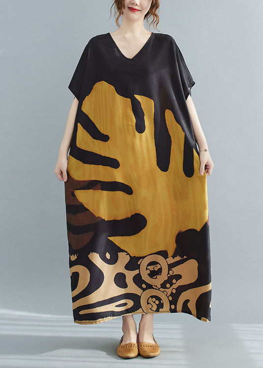 Chiffon V-Neck Short Sleeve Abstract Leaf Print Oversized Kaftan Maxi Dress