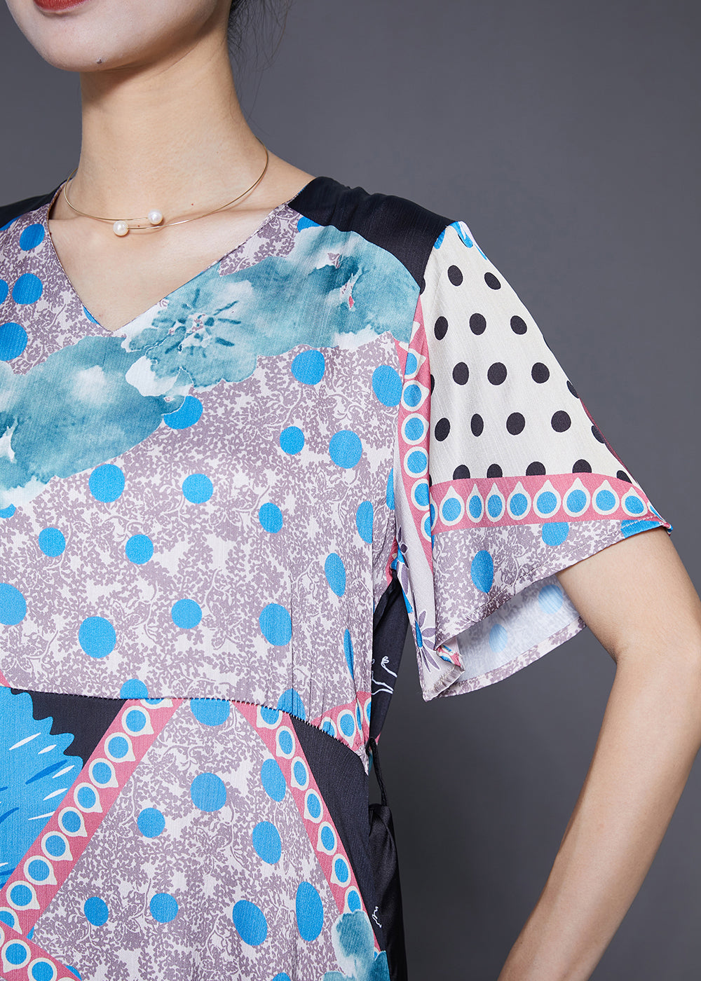 Patchwork Print V-Neck Short Sleeve Tie Ribbon Waist Tiered Ruffle Midi Dress