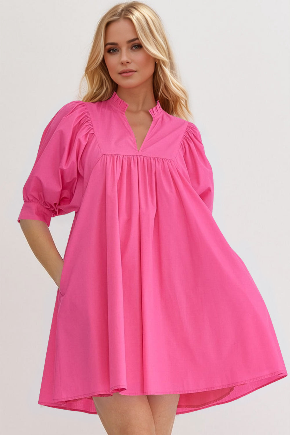Puff Sleeve Notched Babydoll Mini Dress Hot Pink
