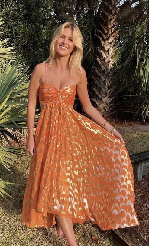 Chic Orange Long A Line Prom Dress Spaghetti Straps Evening Party Gown cc1443