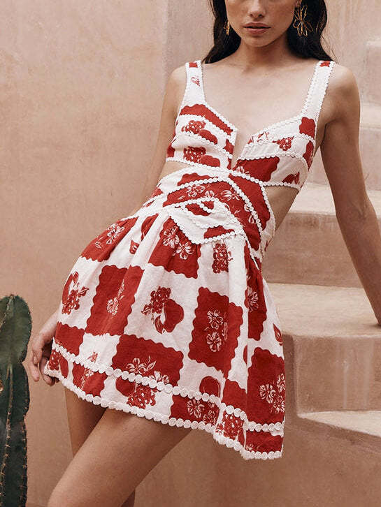 Floral Decorative Unique Print V Neck Hollow A Line Mini Dress
