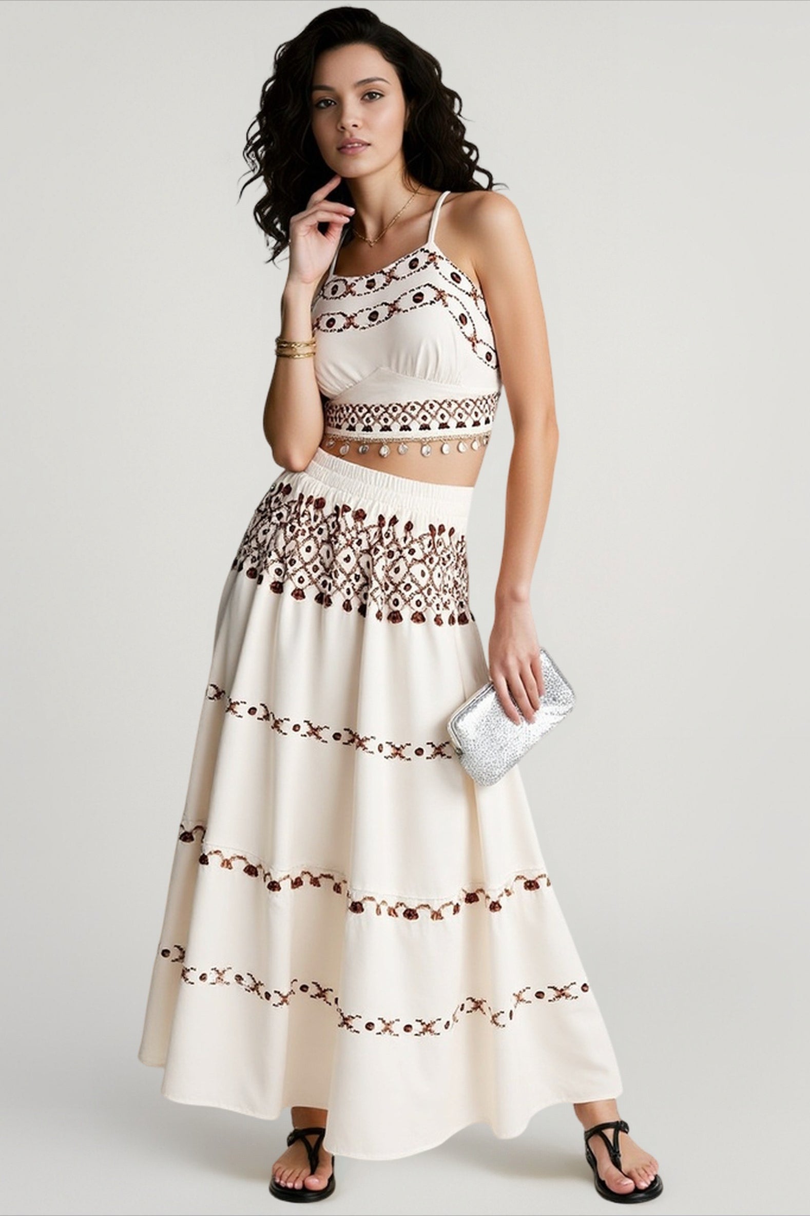 Bohemian Vacation Positioning Printed Beach Suit, Fringed Webbing Suspender Top Skirt Two-piece Set