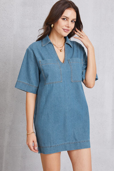 Pocketed Collared Neck Mini Denim Dress Medium