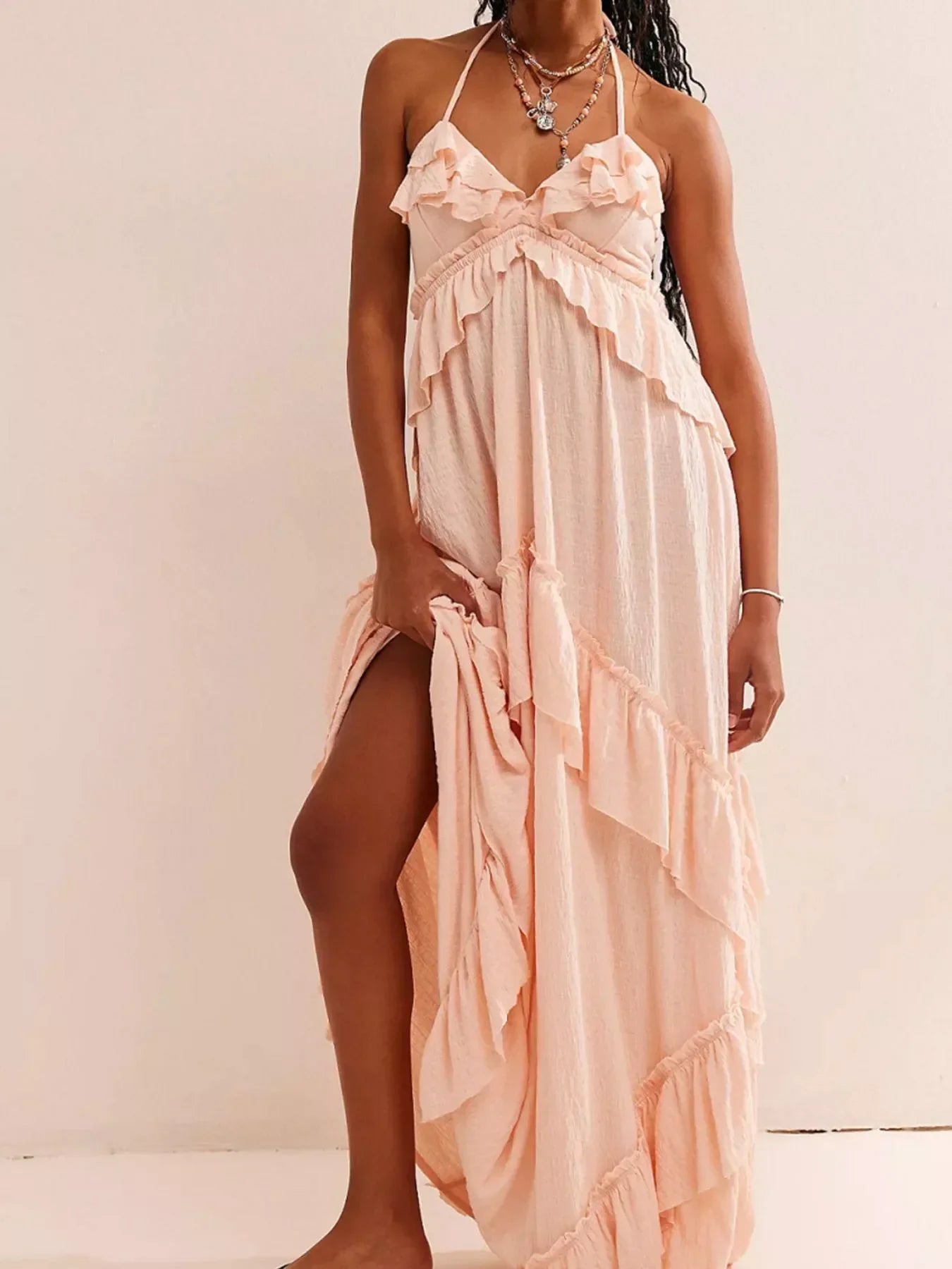 Halter Neck Deep V-Neck Ruffle Tiered Backless Maxi Dress 24