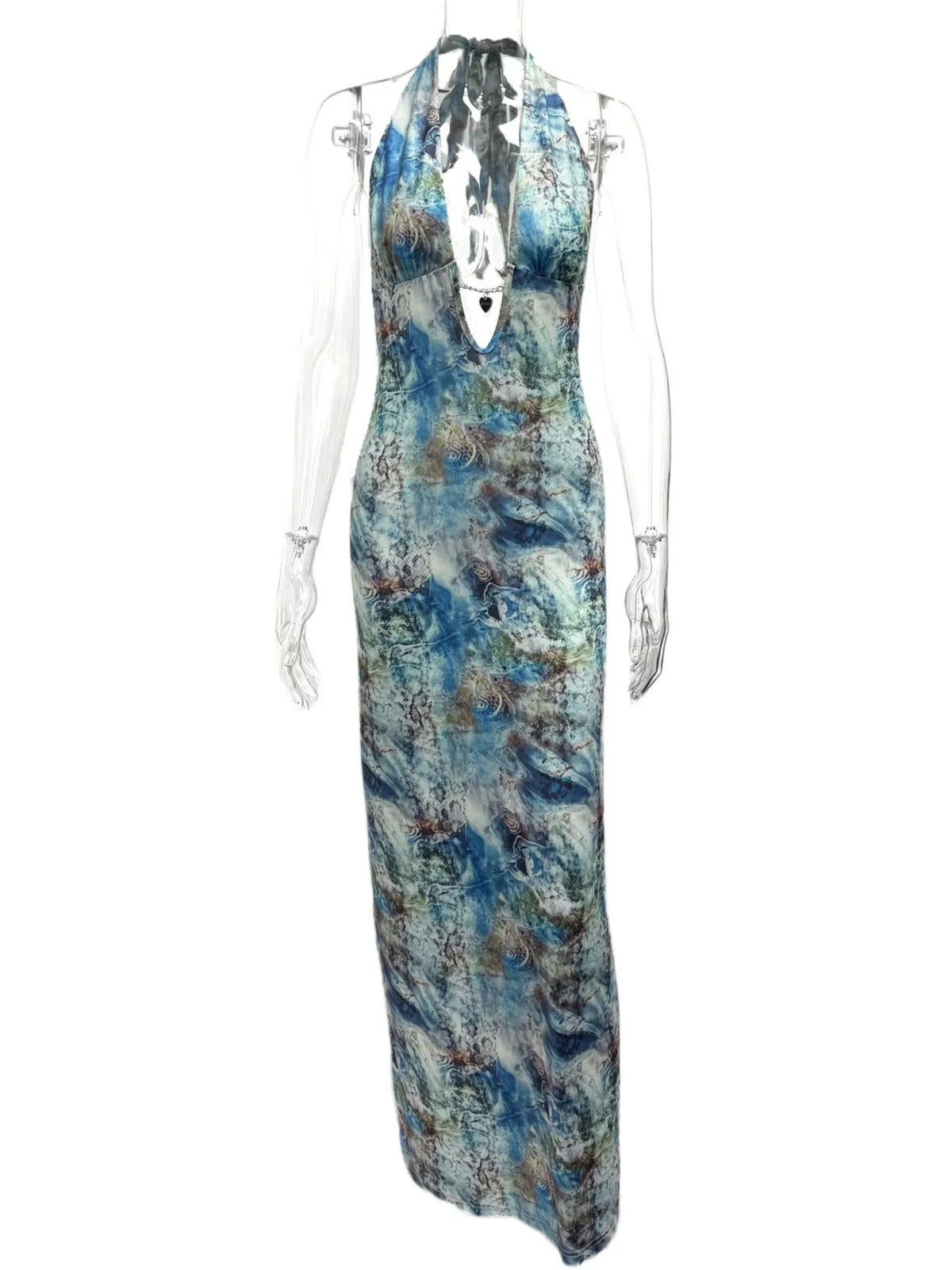 Abstract Print Halter Neck Plunge Bodycon Maxi Dress 6