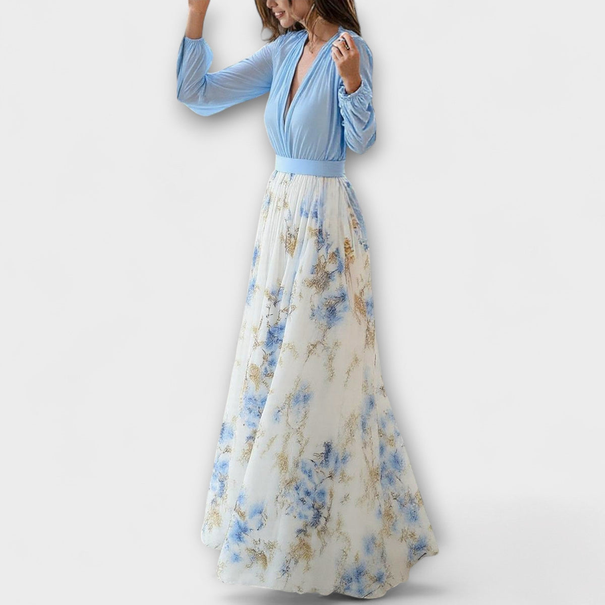 Deep V-Neck Long Sleeve Floral Skirt Maxi Gown