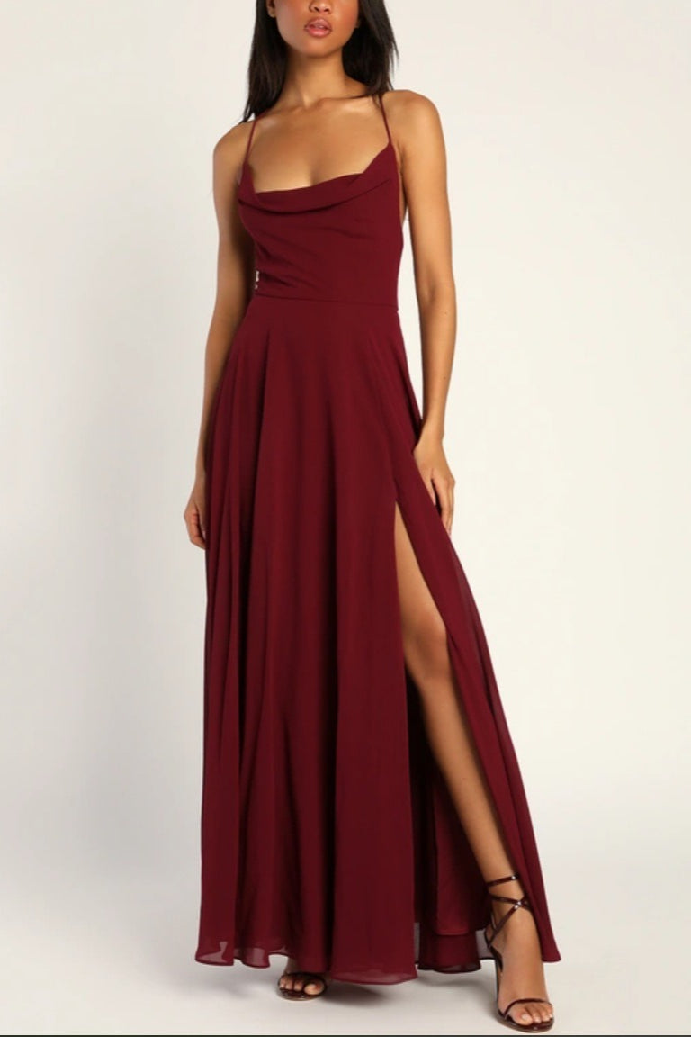 Chiffon Cowl Neck Lace Up Back High Split Maxi Dress