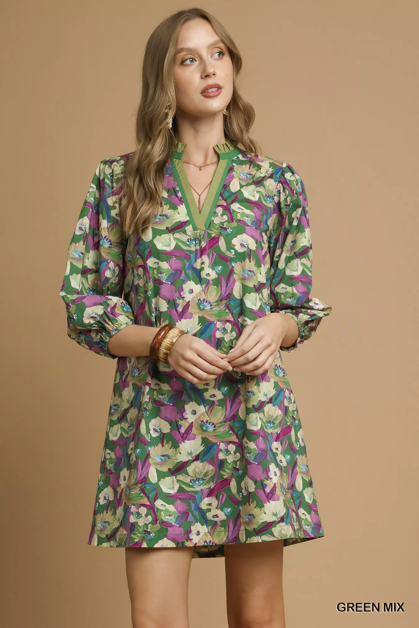Boho Floral Balloon Sleeve Mini Dress – Flowy Vintage-Inspired Casual Dress for Women GREEN MIX
