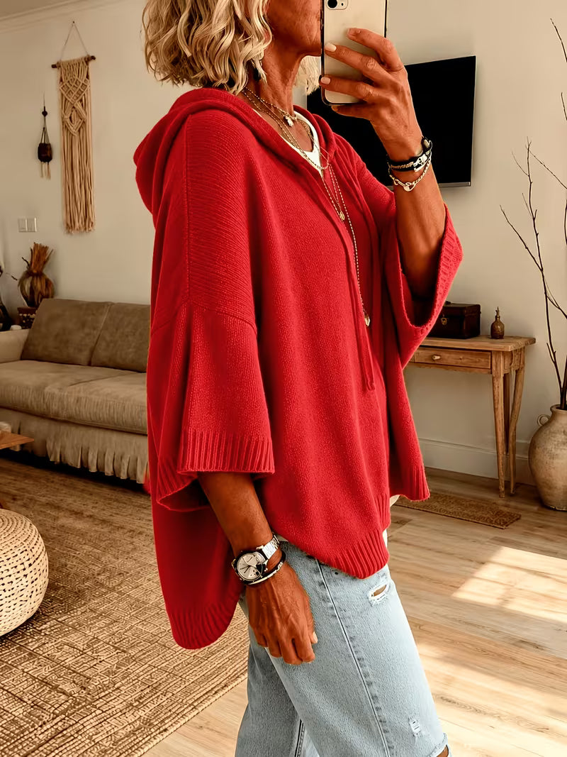 Hooded Drawstring Oversized Knit Poncho Sweater