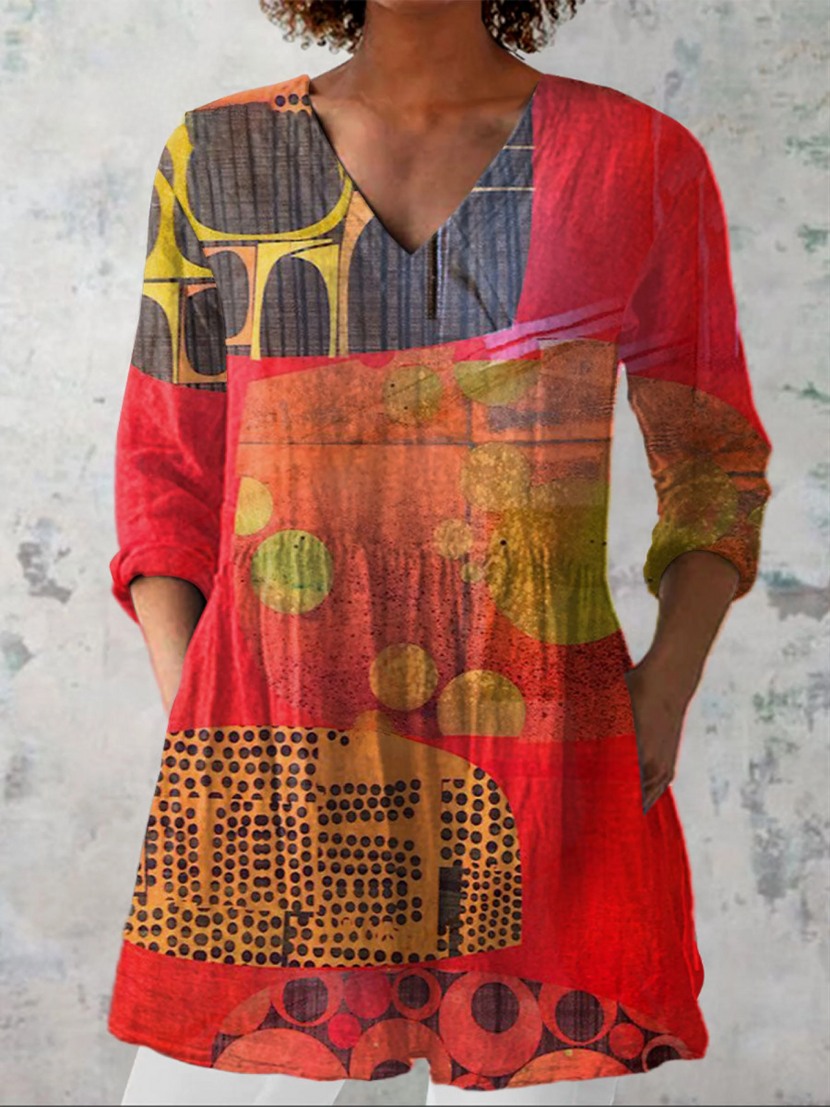Abstract Print V-Neck Long Sleeve Tunic Blouse