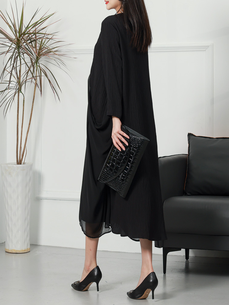 V-Neck Long Sleeve Chiffon Layered Loose Midi Dress