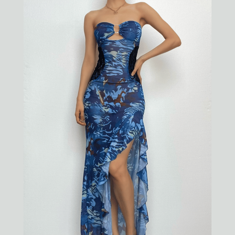 Abstract Print Mesh Strapless O Ring Cut Out Ruffle High Split Maxi Dress