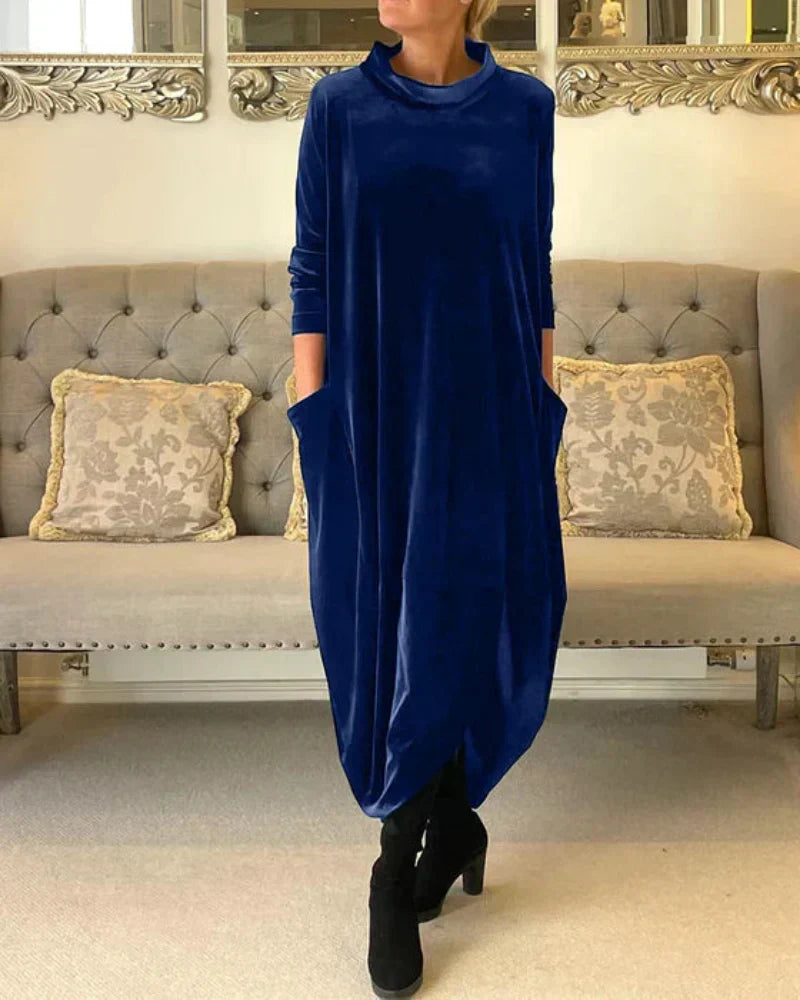 Velvet Cowl Neck Long Sleeve Pocket Oversized Maxi Dress