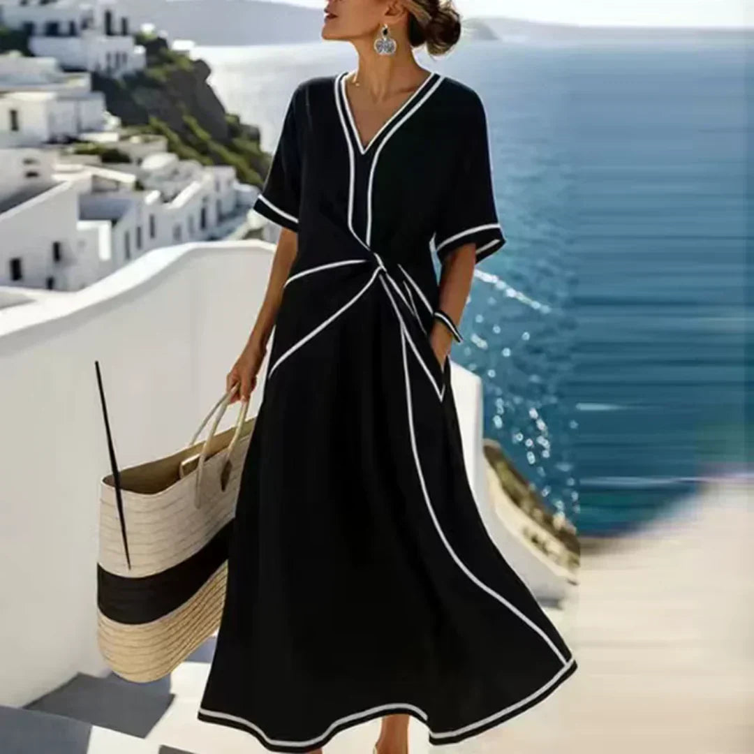Contrast Trim V-Neck Short Sleeve Twist Front Midi Dress