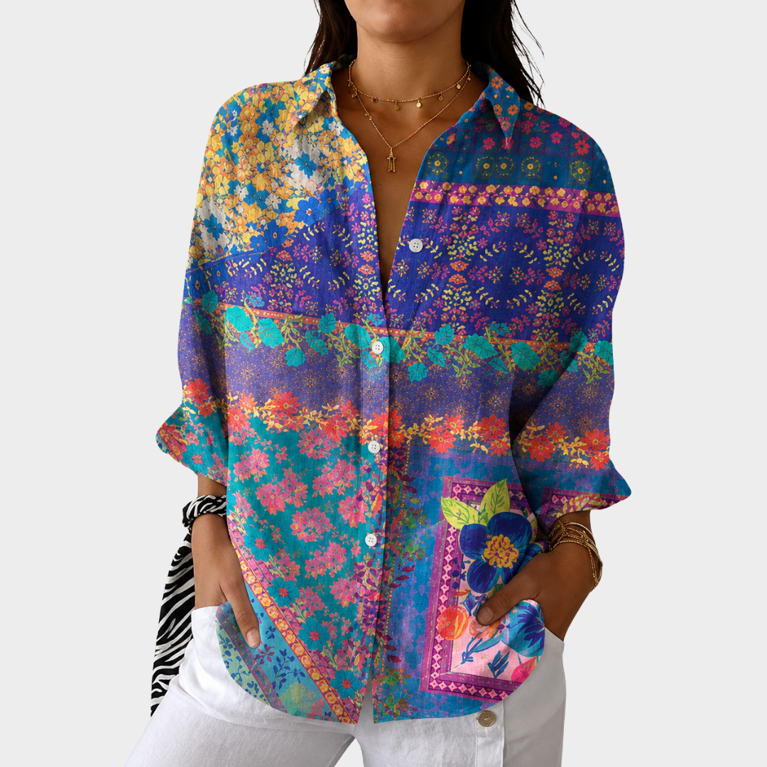 Floral Patchwork Print Collared Button Front Blouse