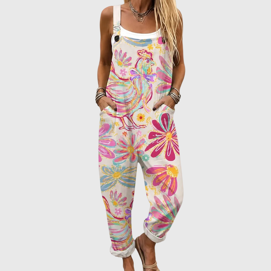 Rooster Floral Print Sleeveless Overall Jumpsuit