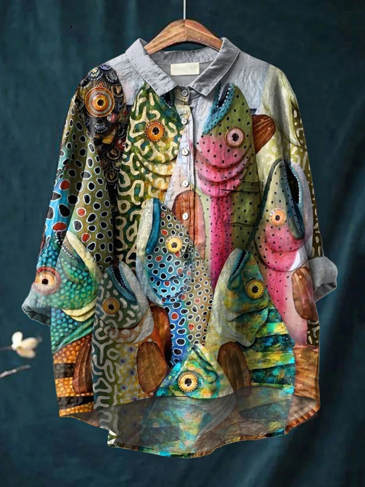Fish Art Print Button Front Long Sleeve Shirt