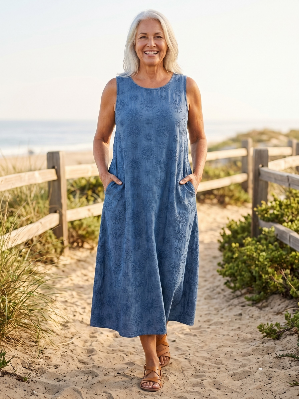 Round Neck Sleeveless Textured Embroidered Midi Dress 2