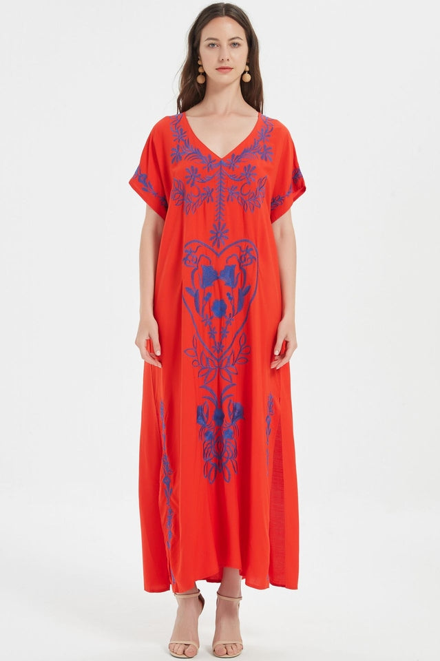 Embroidered V-Neck Short Sleeve Kaftan Maxi Dress 29
