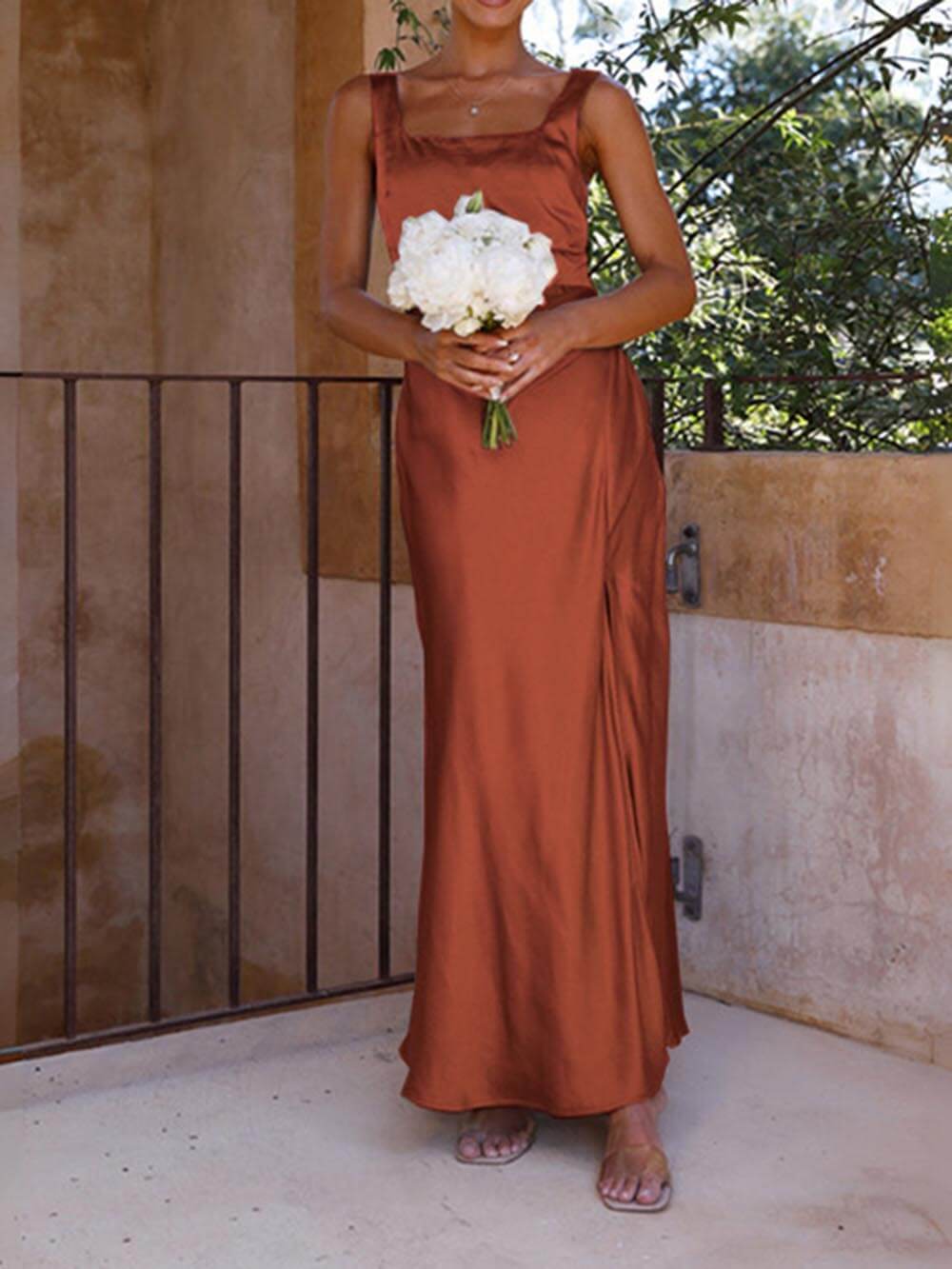 Satin Square Neck Ruched High Split Maxi Dress