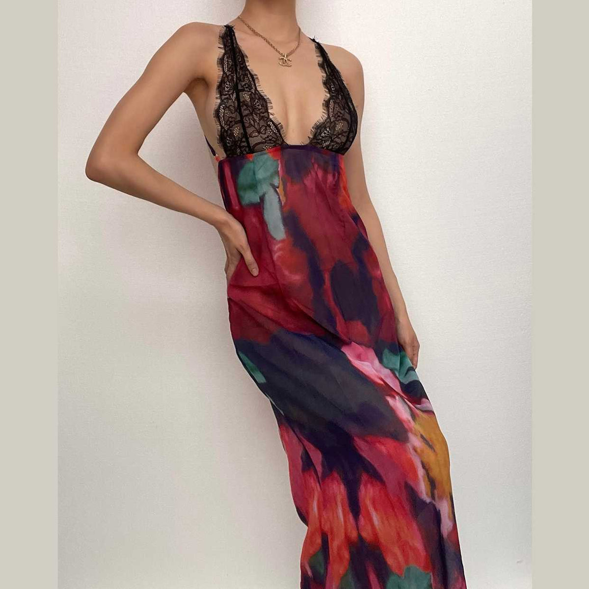Cross back contrast leopard print v neck lace patchwork maxi dress - View 2