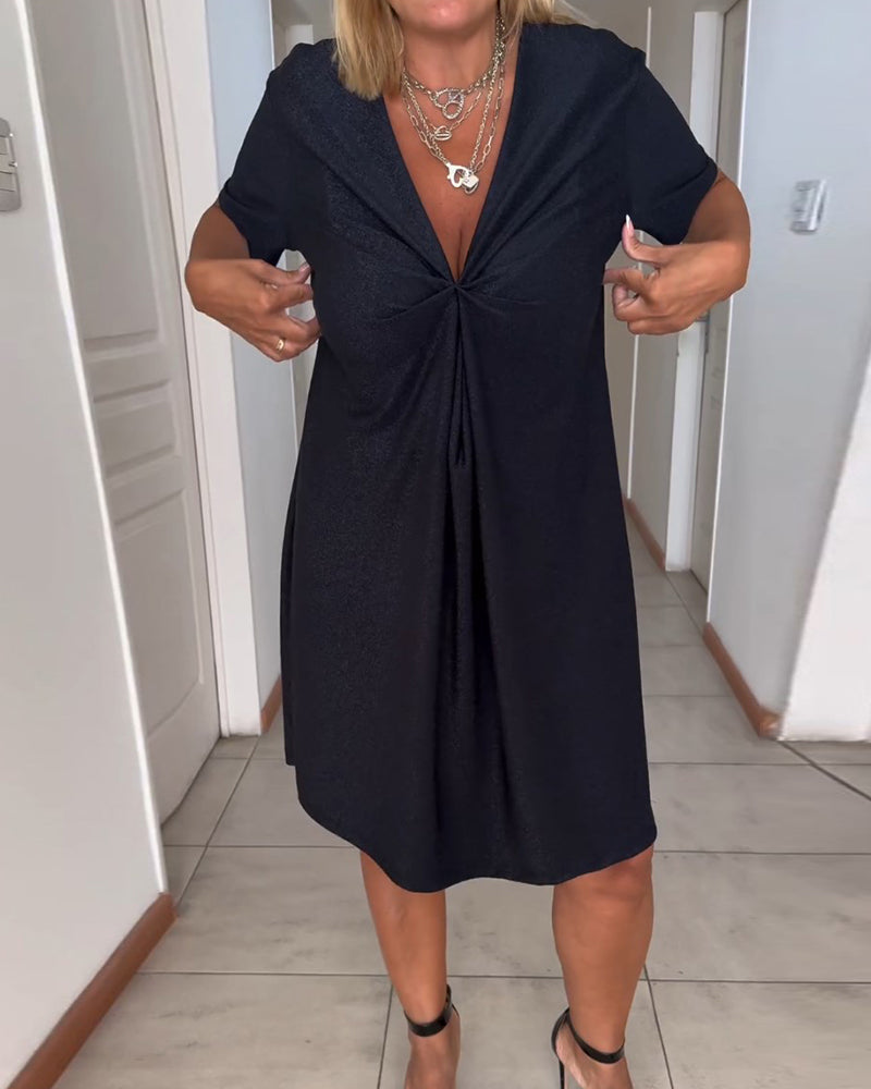 Deep V-Neck Twist Front Short Sleeve Knee Length Dress
