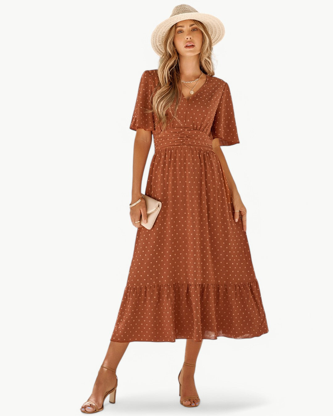 Swiss Dot V-Neck Flutter Sleeve Ruched Waist Tiered Midi Dress
