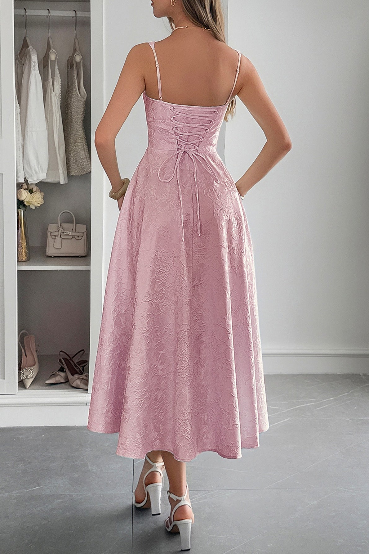 Jacquard Sweetheart Spaghetti Strap Fit and Flare Midi Dress