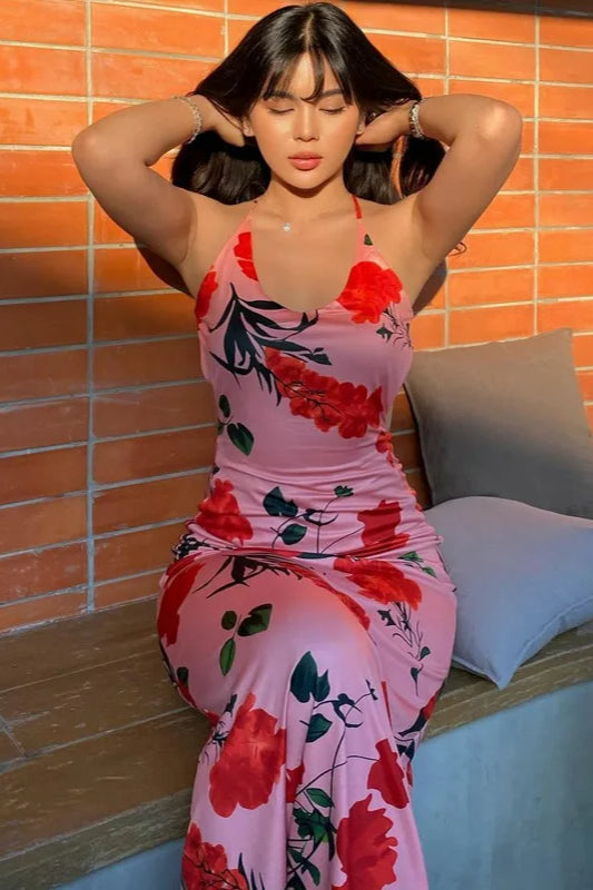 Floral Print Backless Sleeveless Graceful Maxi Dress