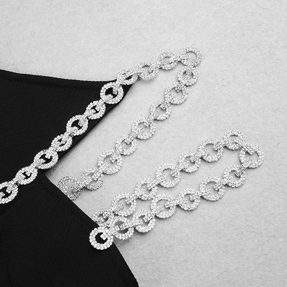 One Shoulder Chain Strap Trim Bandage Bodycon Mini Dress 19