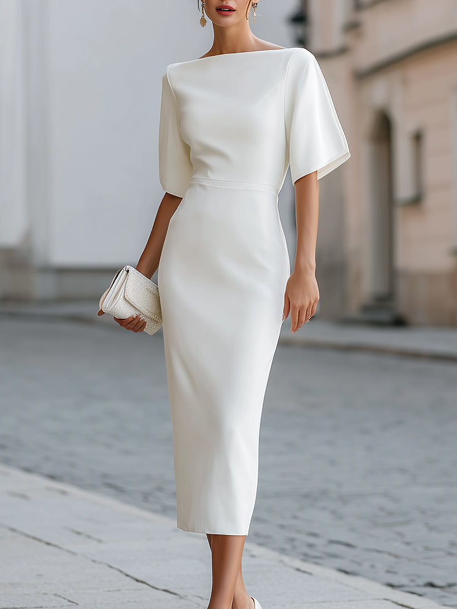 Boat Neck Batwing Sleeve Bodycon Pencil Midi Dress Cocktail