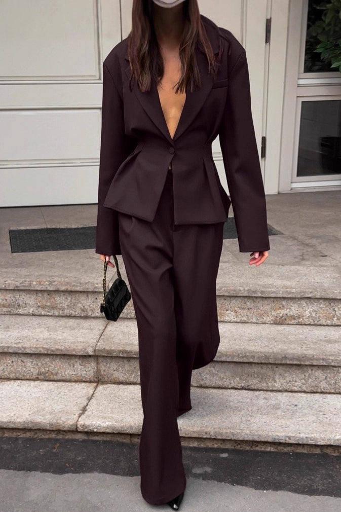 Cinched Waist Single Button Blazer and Wide Leg Pants Two Piece Set 4