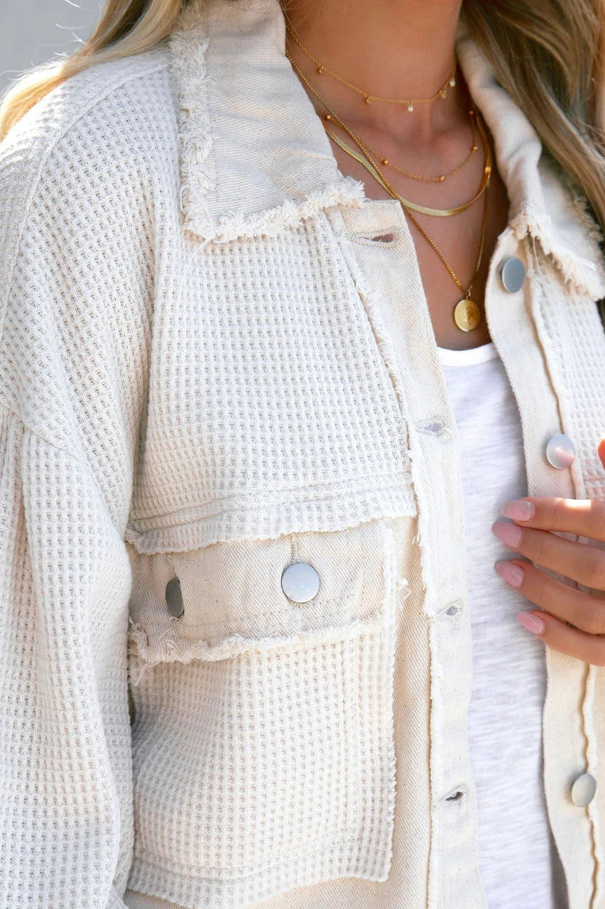 Waffle Knit Balloon Sleeve Frayed Trim Button Front Cropped Jacket 3