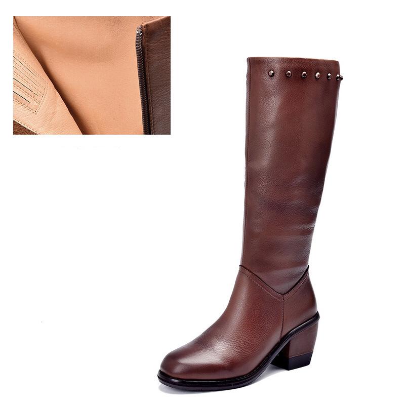 Handmade Leather Knee High Boots  Block Heel Biker Boots Retro Rivet