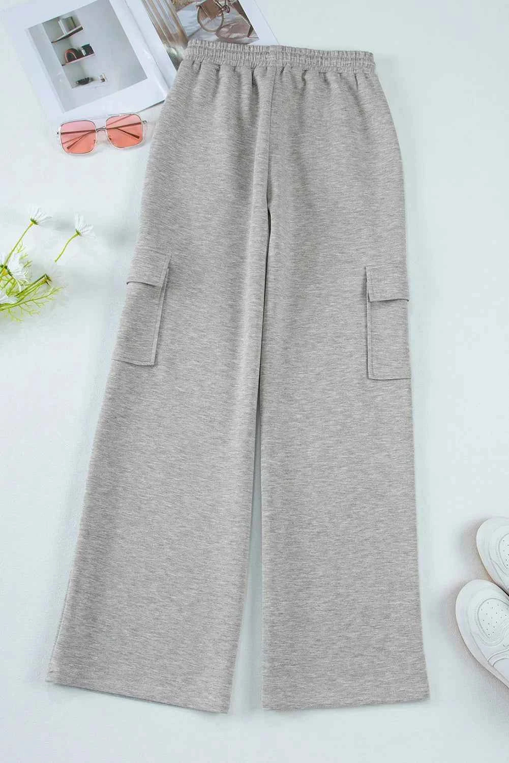 Drawstring Elastic Waist Cargo Pocket Wide Leg Sweatpants 3