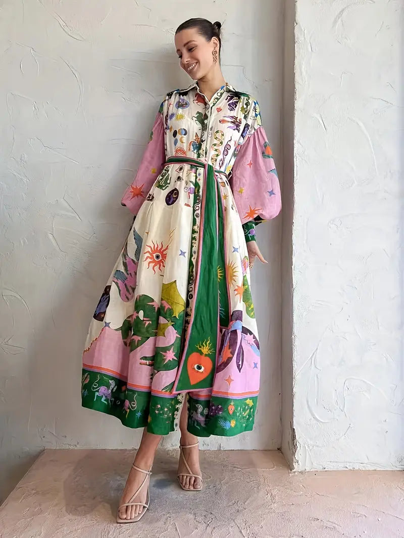 Collar Button Front Balloon Sleeve Tie Waist Printed Maxi Summer Dress