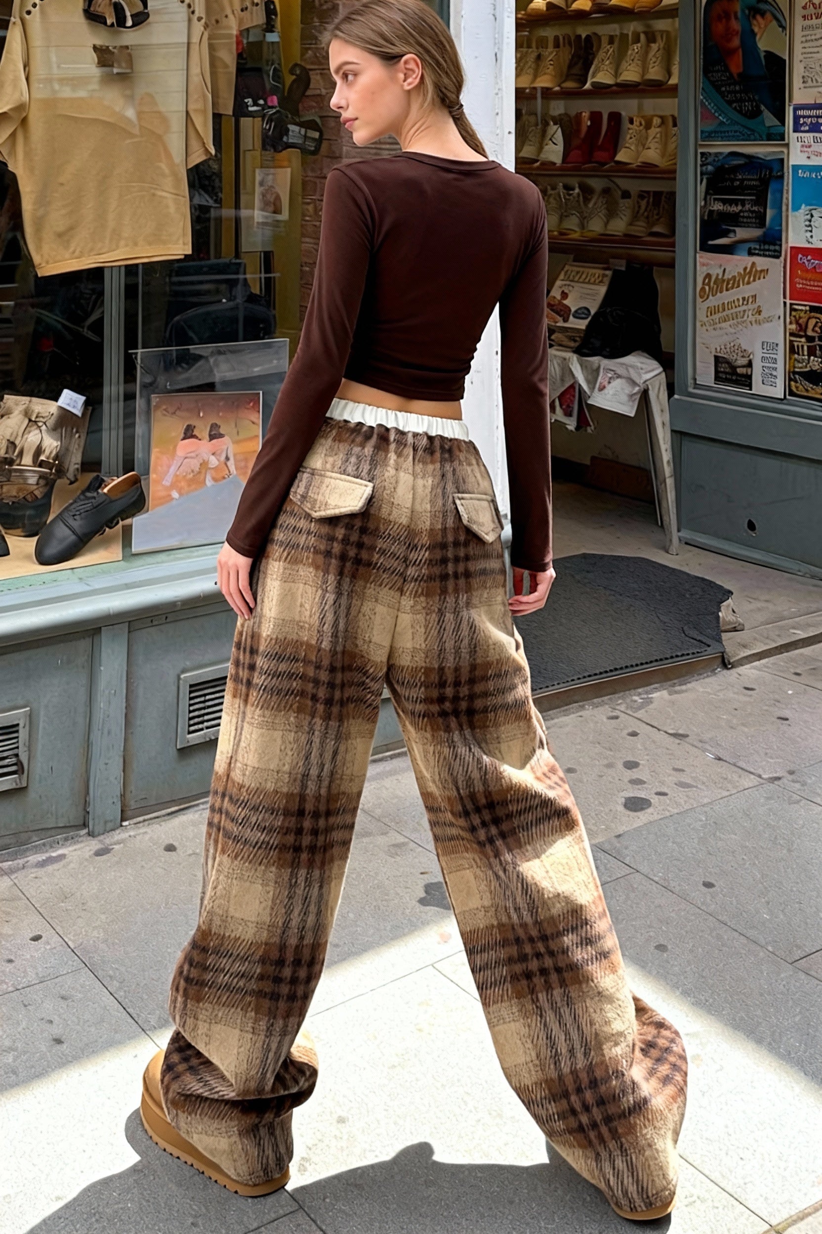 Loose Fit Woolen Plaid Wide Leg Pants