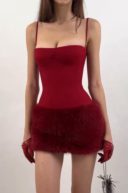 Corset Spaghetti Strap Feather Trim Mini Party Dress
