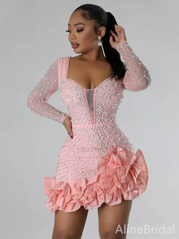 Pearl Beaded Mesh Long Sleeve Ruffle Hem Mini Homecoming Dress
