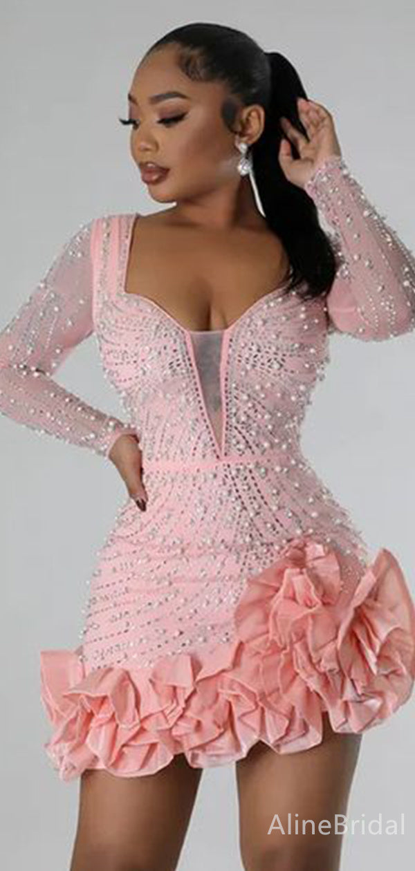 Pearl Beaded Mesh Long Sleeve Ruffle Hem Mini Homecoming Dress 2