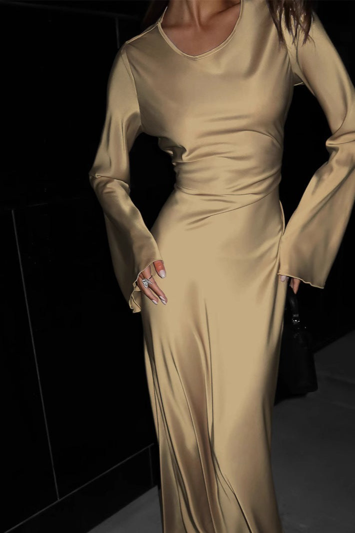 Satin Boat Neck Long Sleeve Tie Waist Bias Cut Maxi Gown