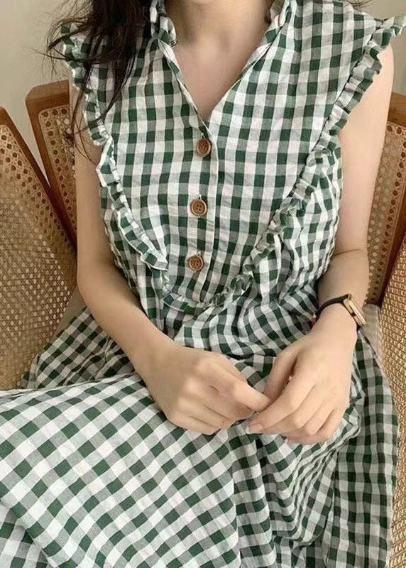 Gingham Check V-Neck Ruffle Collar Button Front Sleeveless Dress