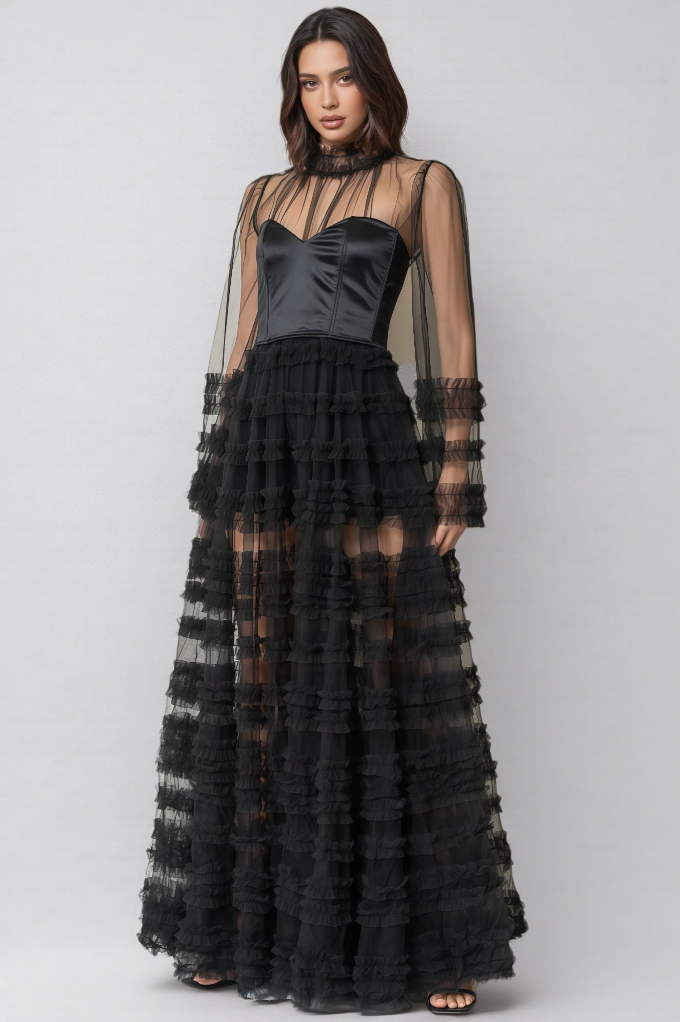 Thora Sheer Black Ruffled Maxi Dress - View 4
