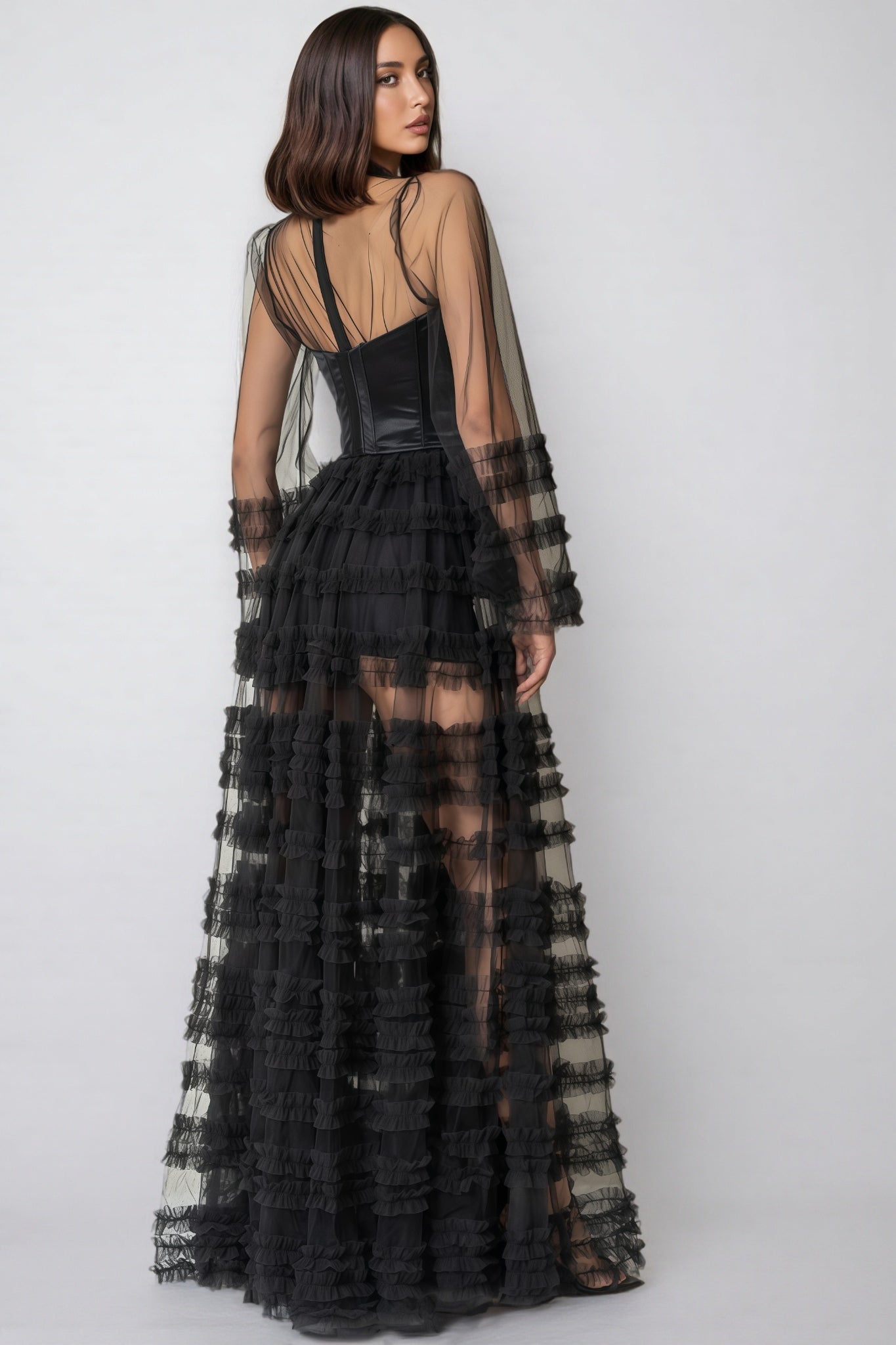 Thora Sheer Black Ruffled Maxi Dress - View 5