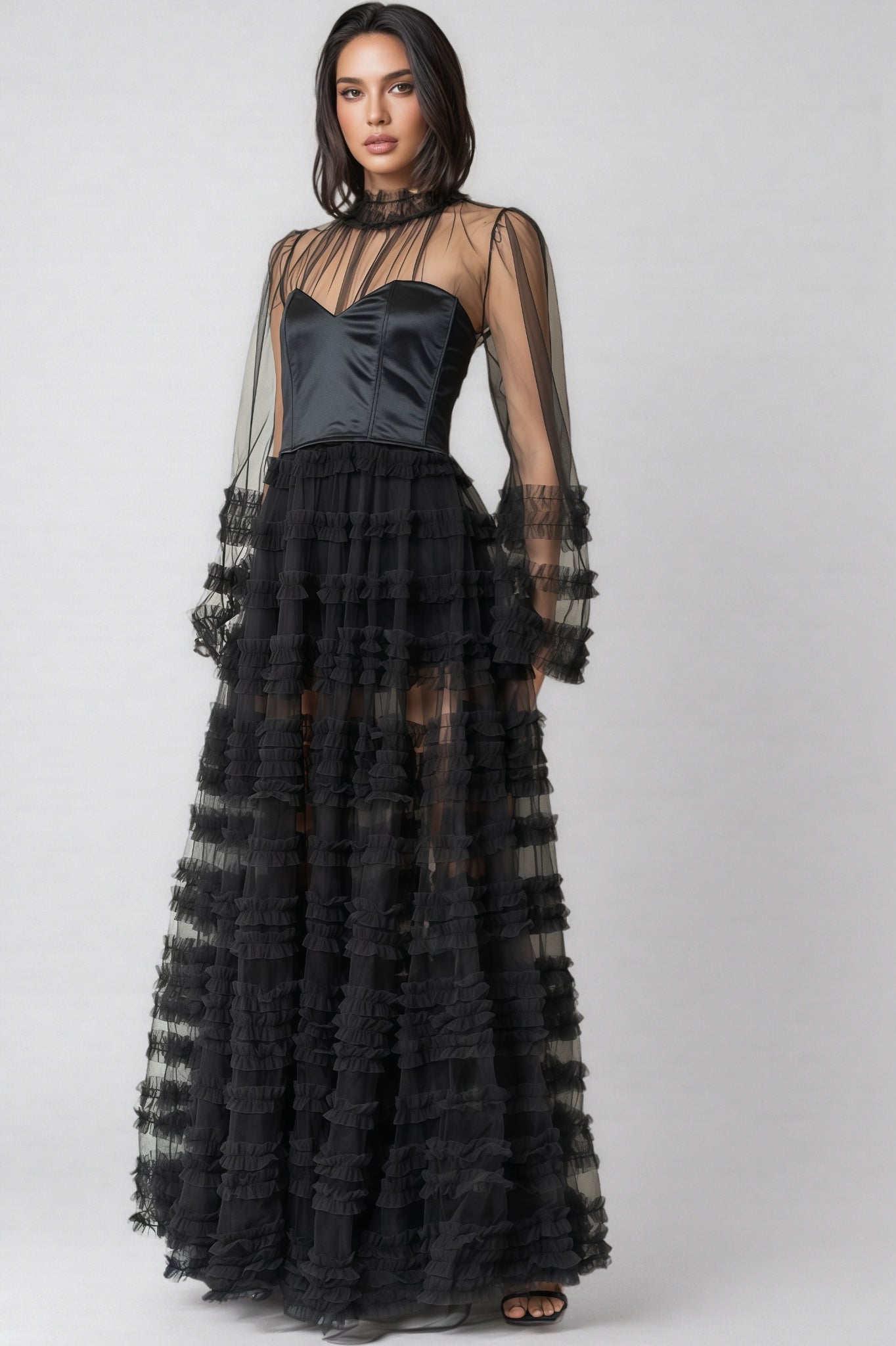 Thora Sheer Black Ruffled Maxi Dress - View 2
