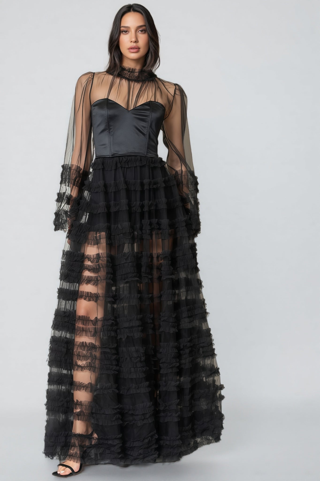 Thora Sheer Black Ruffled Maxi Dress - View 3