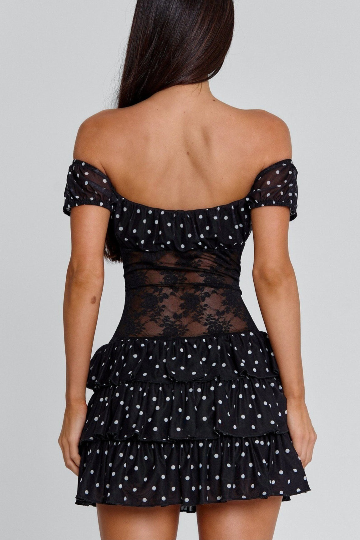 Lace Polka Dot Off Shoulder Mini Dress - View 4