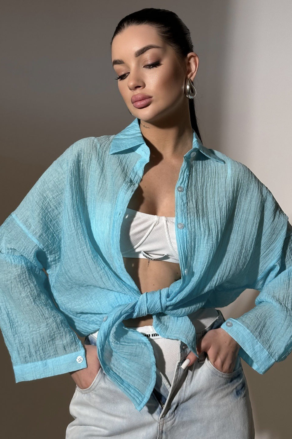 Solid ButtonDown Collar Lightweight Casual Chic Blouse