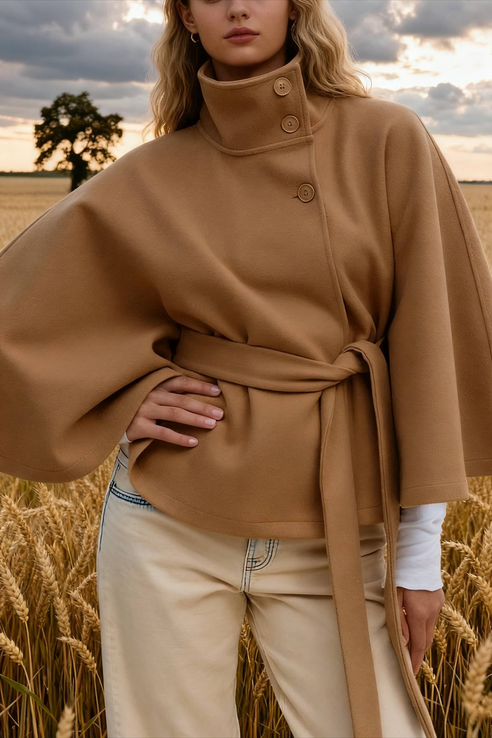 Button Up Stand Collar Cape Coat