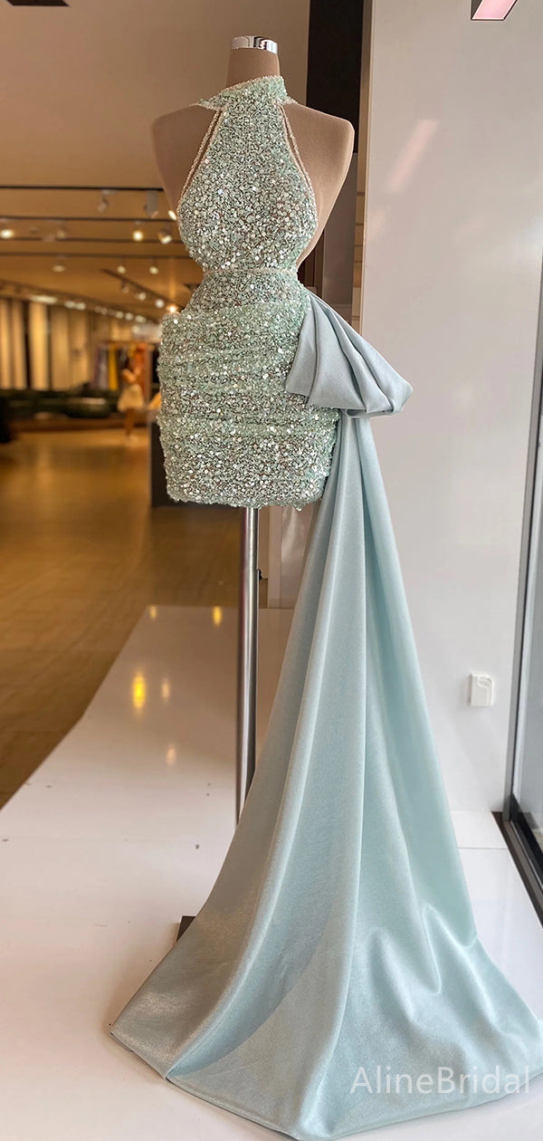 Sequin Halter High Neck Ruched Mini Homecoming Dress with Satin Train 3